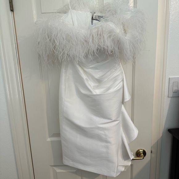 Badgley Mischka Off The Shoulder Feather Cocktail Dress - Picture 3 of 7